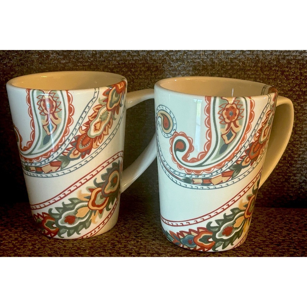 2 Tabletops Gallery Mug Multi Paisley White Stoneware 17 Oz. Excellent 5" Tall